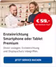 Weiße Welle unten, oben sehen ein Hartlauer Mitarbeiter und ein Kunde jeweils auf ein Smartphone
